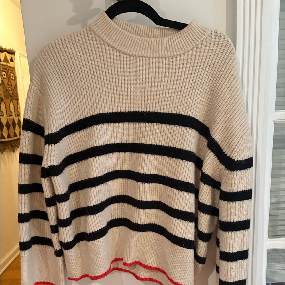 Zara Beige and Black Striped Crew Neck Sweater